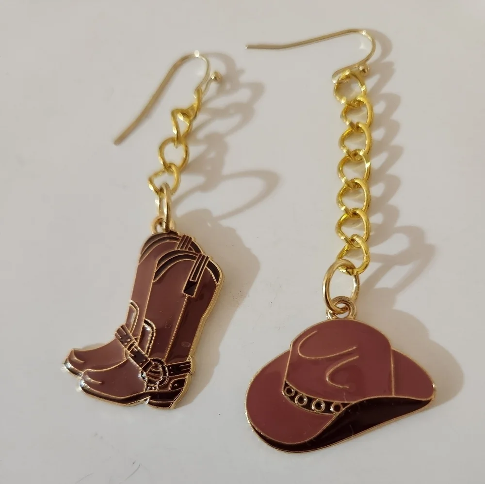 Hand Crafted Gold and Brown Cowboy Boot and Hat Pierced Earrings - Picture 1 of 6